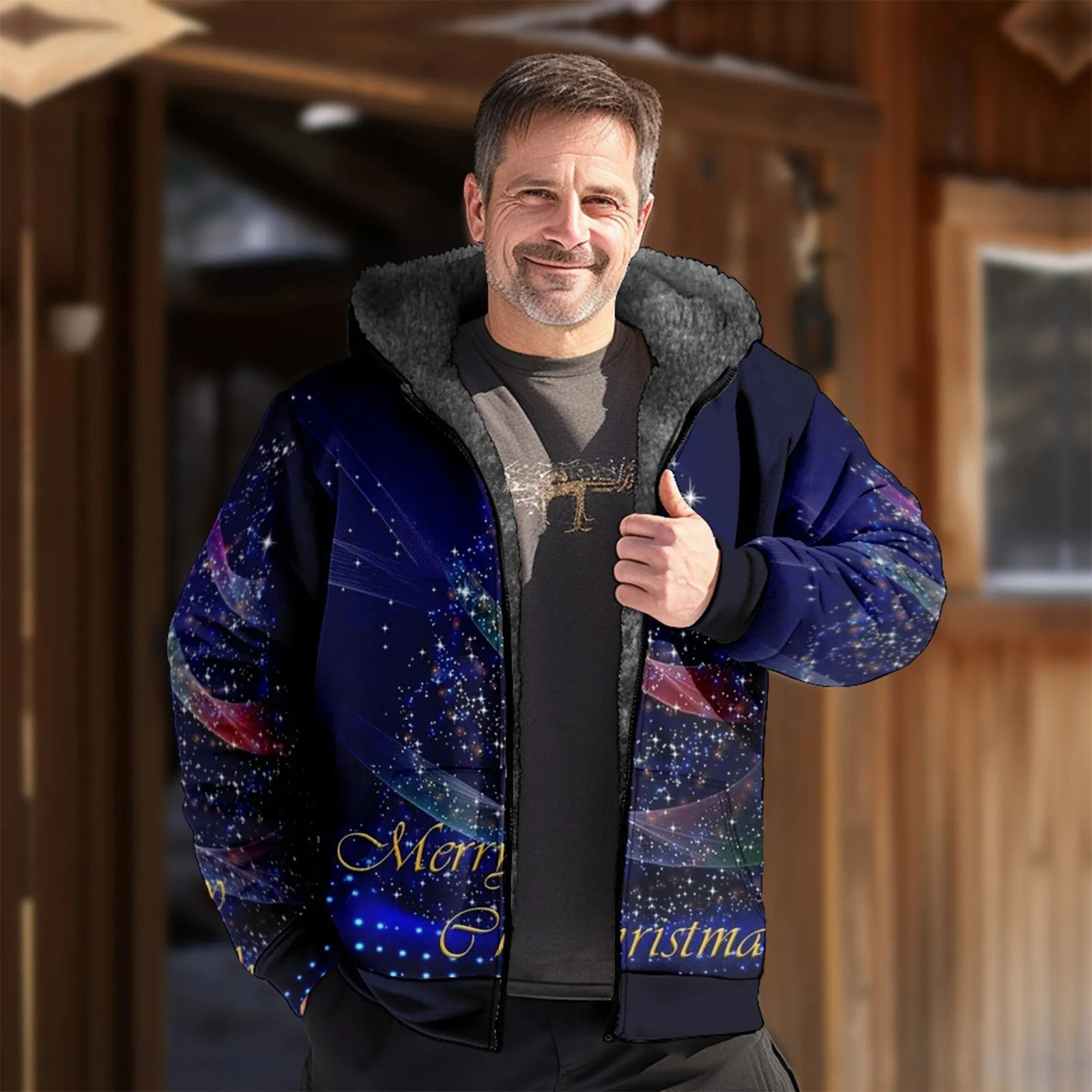 Men's Down Parkas Christmas Print Jacket Stylish Men Plush Lining Dressing Temperament Windproof Fleeced Lined Windbreaker Coat 231005