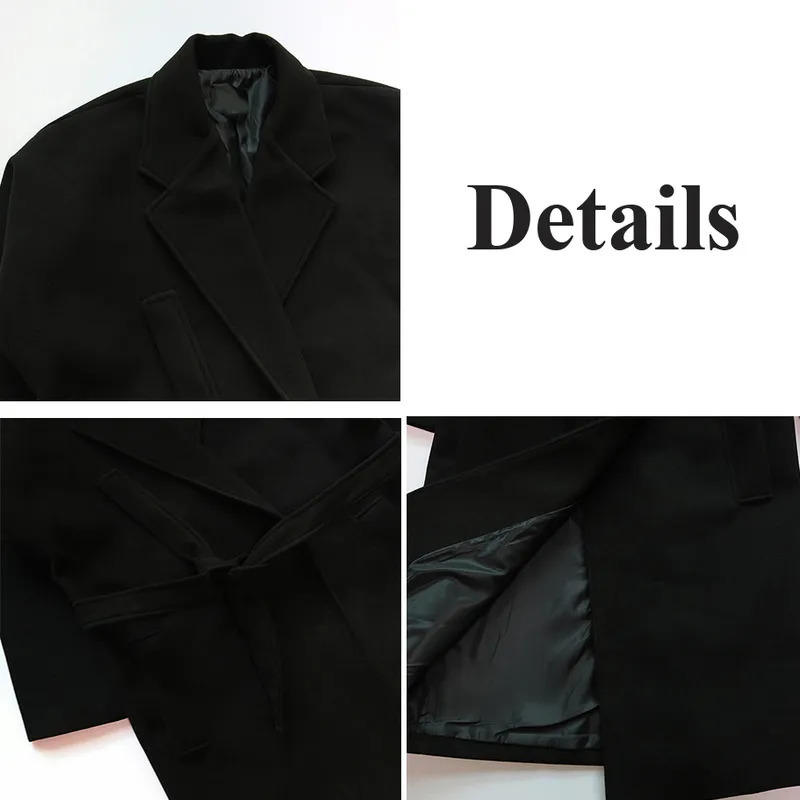 Men's Wool Blends Men Black Wool Blends Coats Vintage Japan Style Loose Sashes Casual Harajuku Outwear Over Knees All-match Thickening Warm Korea