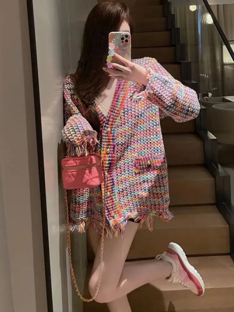 Women's Knits Tees Autumn Rainbow Color Knitted Sweater Women Fashion Tassel Decoration Cardigan Vintage Single-Breasted Causal Tops 231006