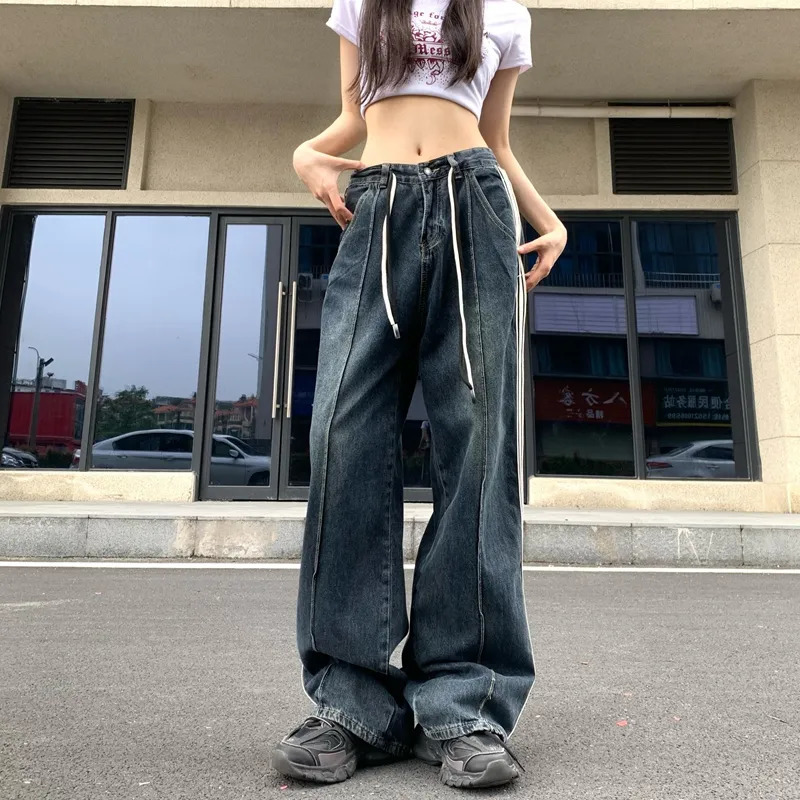 Womens Jeans Vintage Striped Patchwork Wide Leg for Women AmericanStyle Straight Pants Long Denim Trousers 231005