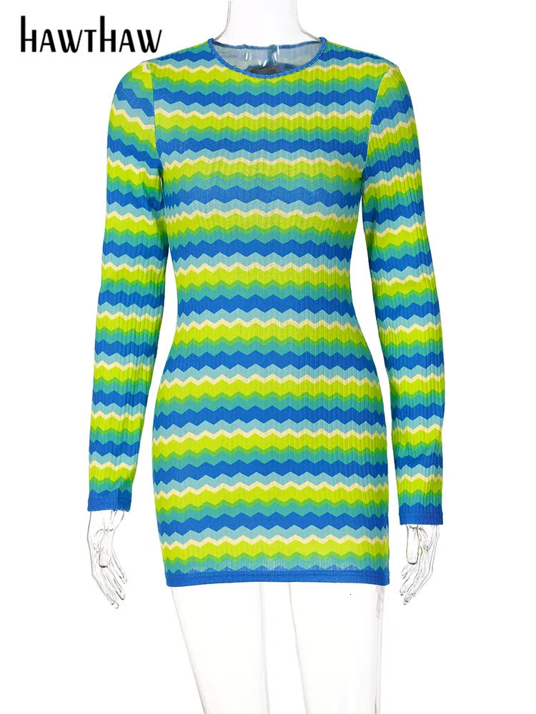 Basic Casual Dresses Hawthaw Women Long Sleeve Striped Beach Vacation Bodycon Mini Dress Streetwear Summer Clothes Wholesale Items For Business 231005