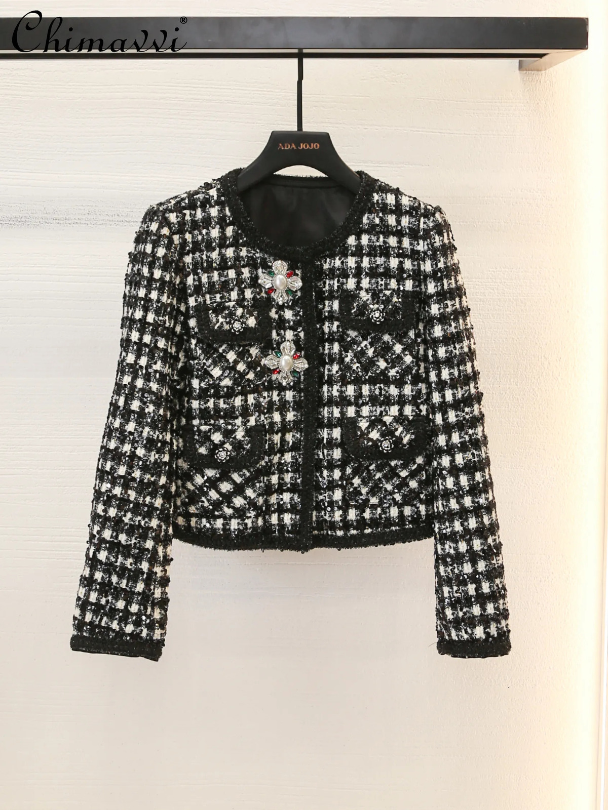 Women's Jackets Autumn Winter French Socialite Heavy Tweed Bright Silk Houndstooth Coat Women's Long-Sleeved Office Lady Jackets 231006