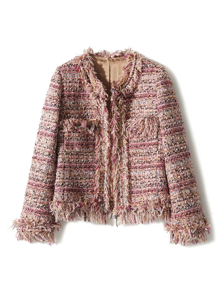 Women's Jackets Sparkling silk hand woven tassel edge chain with wool tweed short jacket 231006