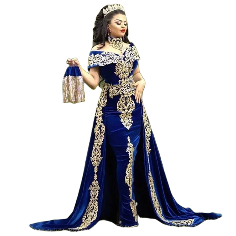 Arabic Turkey Velvet Evening Dresses Off The Shoulder V-Neck Royal Blue Long Celebrity Party Formal Dress For Women 2023 Golden Lace Appliques Sheath 