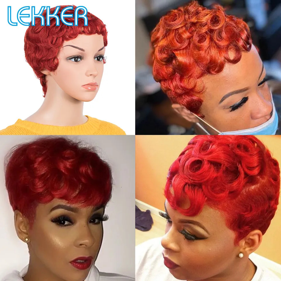 Synthetic Wigs Lekker 613 Blonde Short Pixie Curly Human Hair Wig For Women Finger Waves Bob Brazilian Remy Hair Glueless Colored Blue Wigs 231006