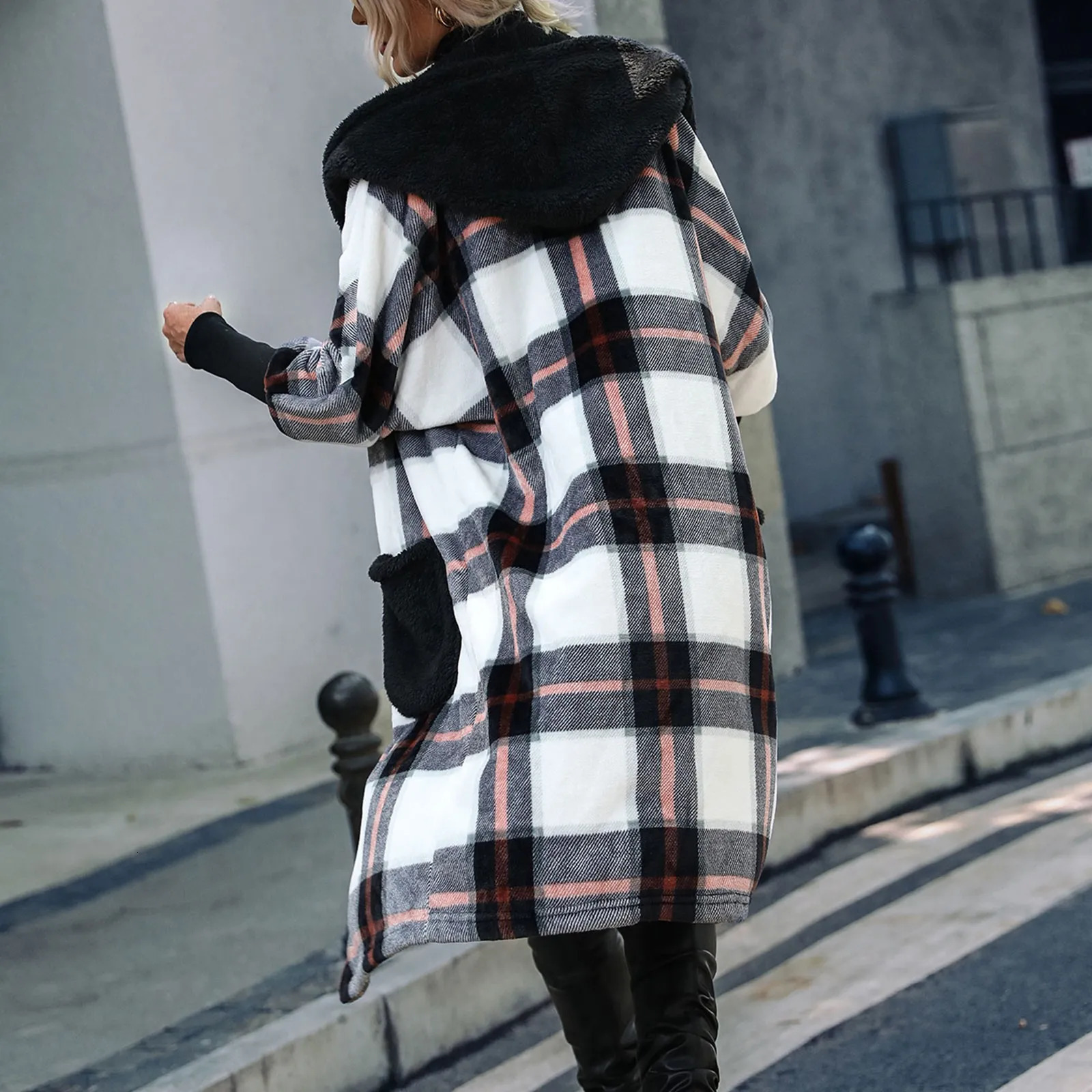 Women's Wool Blends Autumn And Winter Warm Woolen Coat Women'S Plush Plaid Coat Long Sleeved Patchwork Coat Double Sided Plush Long Coat Abr