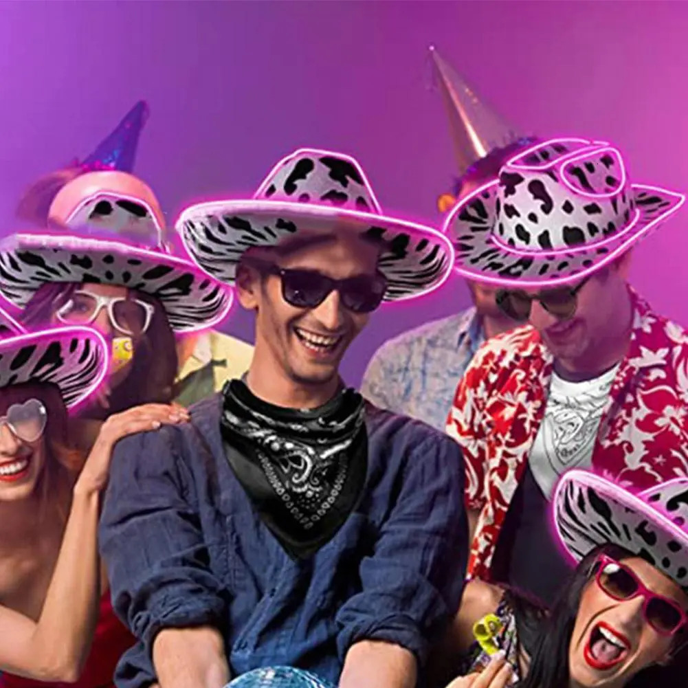 Wide Brim Hats Bucket Hats Light Up Cowboy Hat For Women Pink Holographic Space Cowgirl Hat White LED Cowboy Hat Western Cowboy Hat Costume Accessorie