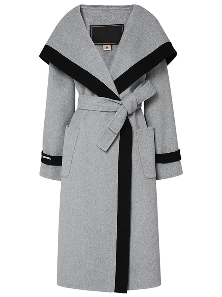 Women's Wool Blends DEAT Fashion Women Woolen Coat Double-sided Long Sleeve Lace-up Waist Contrast Color Elegant Windbreak Winter 13DB3773 231006