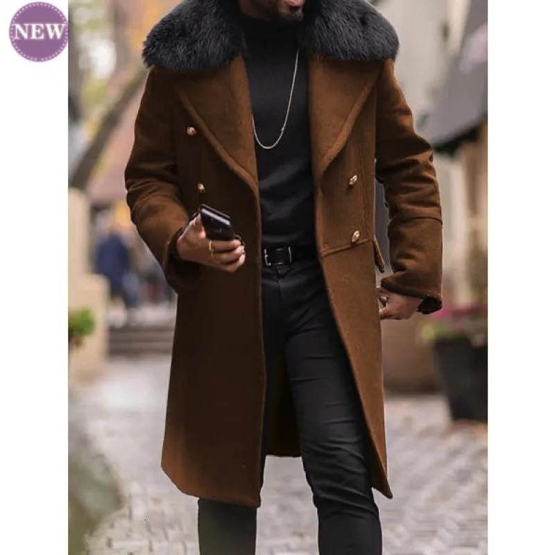 Men's Wool Blends Casual Woolen Coat Fall Winter Fashion Slim Double Breasted Young Men Solid Color Coat Fur Collar Men's Top 231006