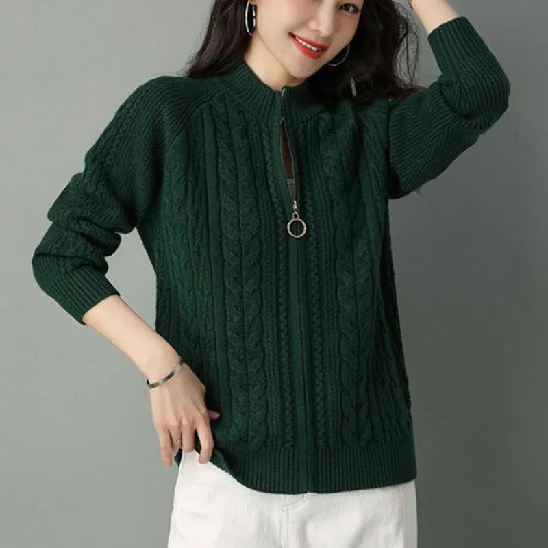 Women's Knits Tees Half High Collar Zipper Knitted Cardigan Jacket Women Autumn Style Solid Color Raglan Sleeve Cardigans Thicken Sweater Coat 23