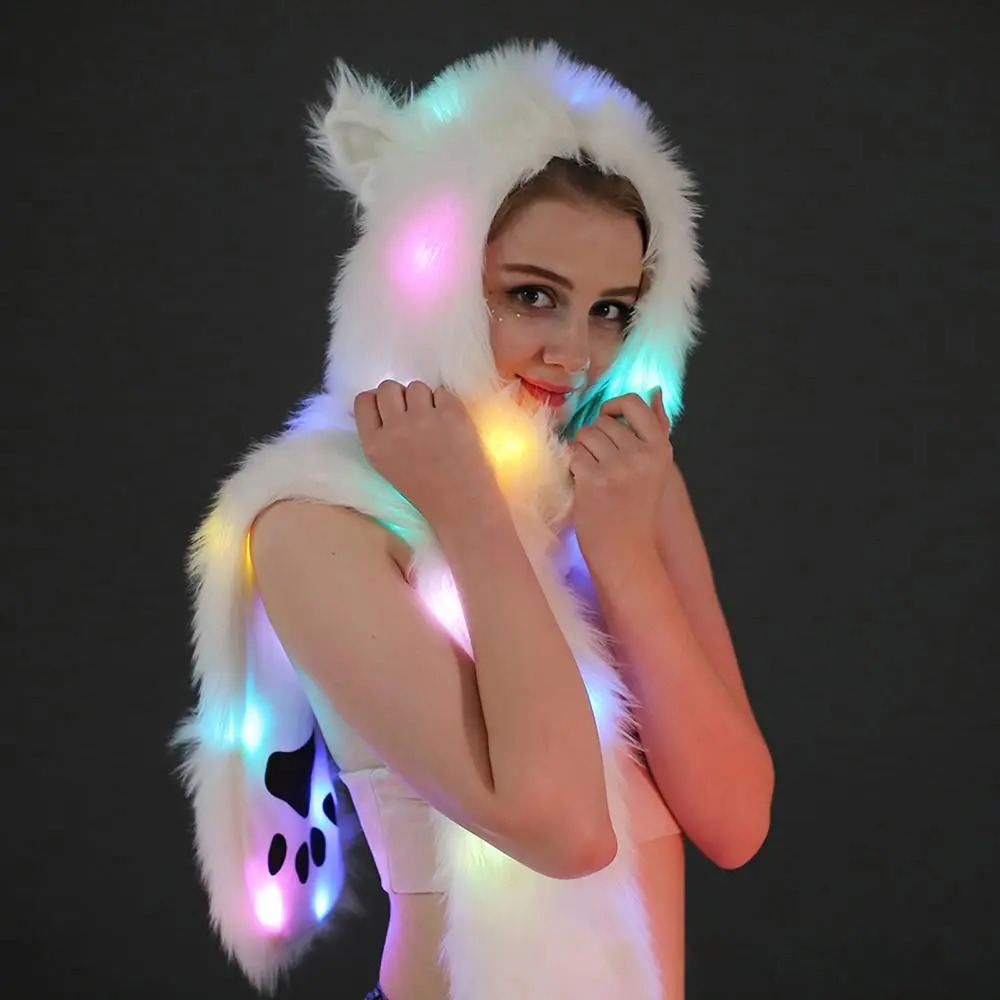 Hats Scarves Sets Women LED Hat Scarf Creative Multicolor LED Light Up Faux Fur Animal Ears Hood Hat with Scarf for Festival Glow Party navidad 231006