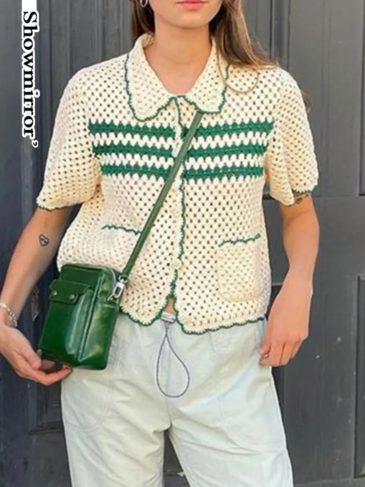 Women's Knits Tees Showmirror Retro Green Stripe Knitted Cardigan Tops Women Button Up Short Sleeve Crochet Blouse Shirts Preppy Style Sweaters Y
