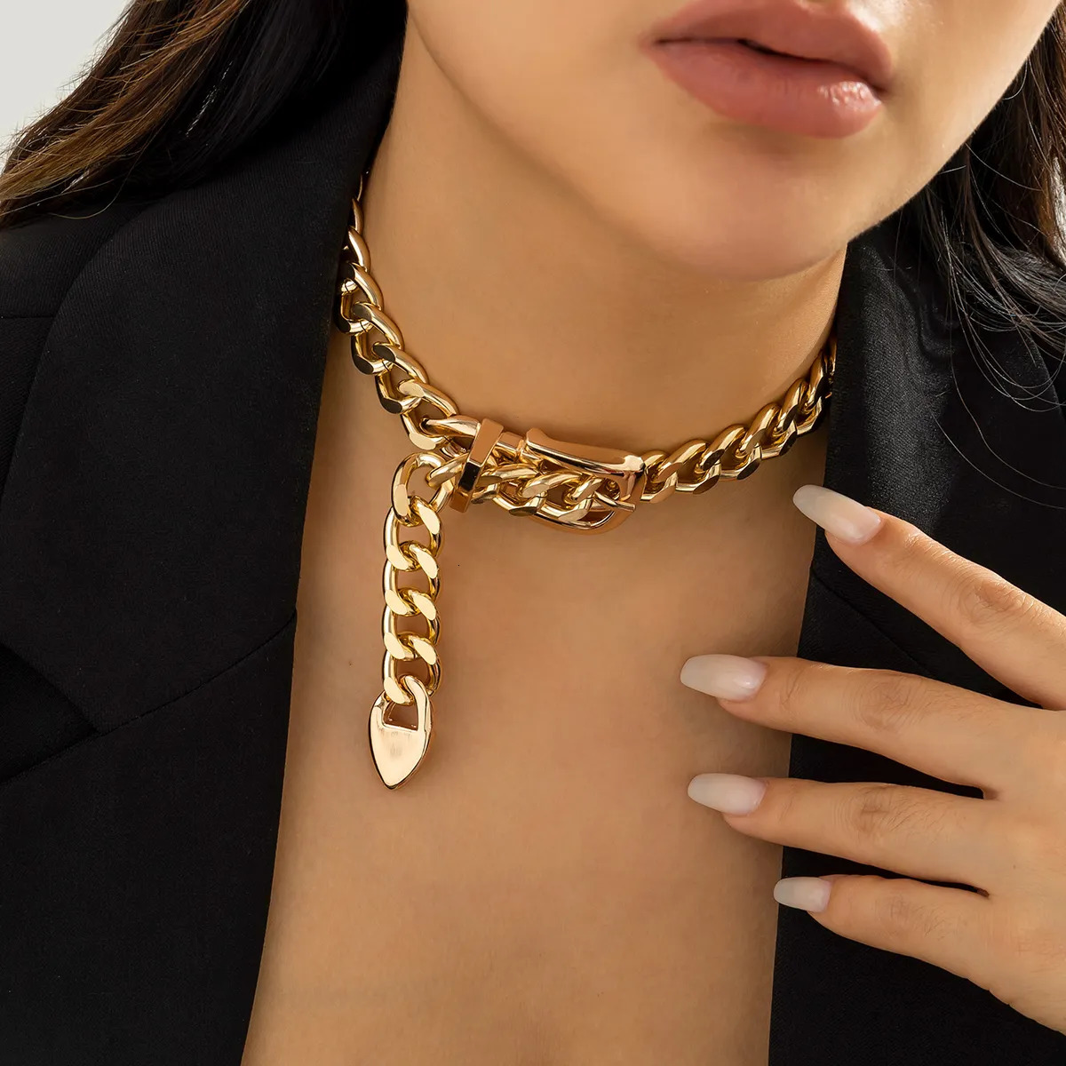 Chokers IngeSight.Z Punk Exaggeration Belt Buckle Cuban Chunky Choker Necklace for Women Vintage Heavy Metal Thick Chain Short Necklace 231006
