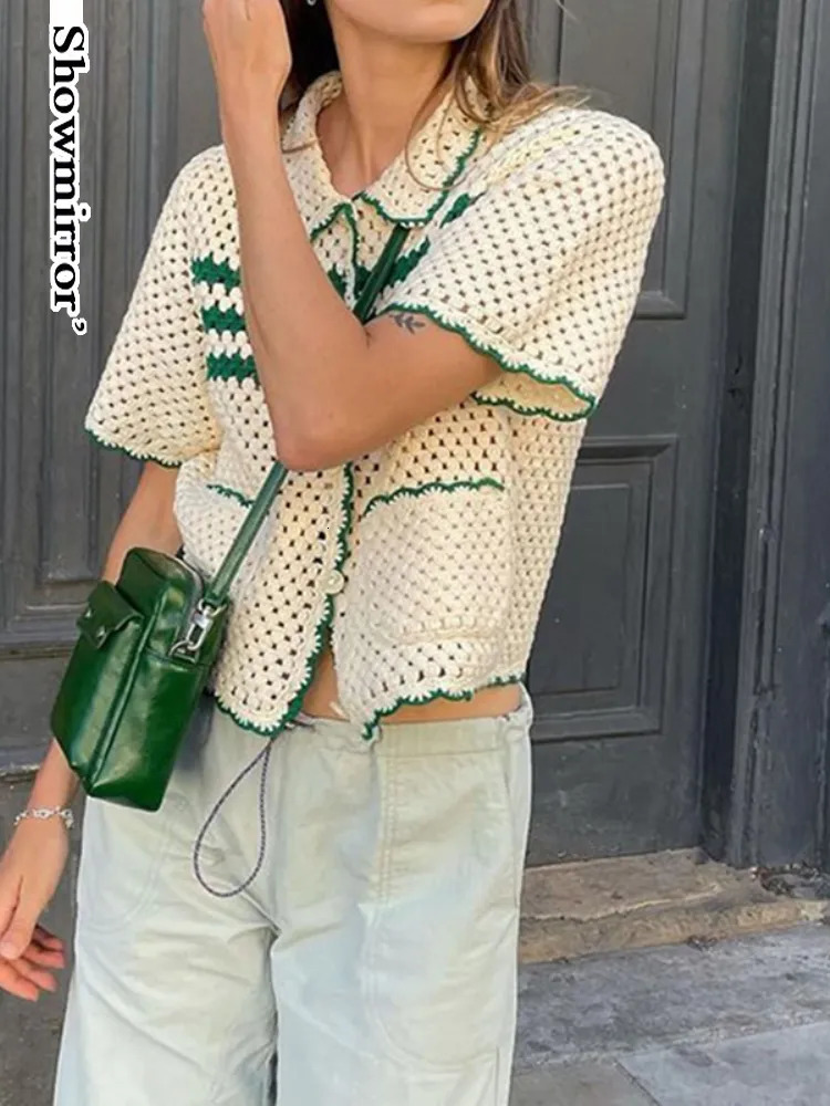 Women's Knits Tees Showmirror Retro Green Stripe Knitted Cardigan Tops Women Button Up Short Sleeve Crochet Blouse Shirts Preppy Style Sweaters Y
