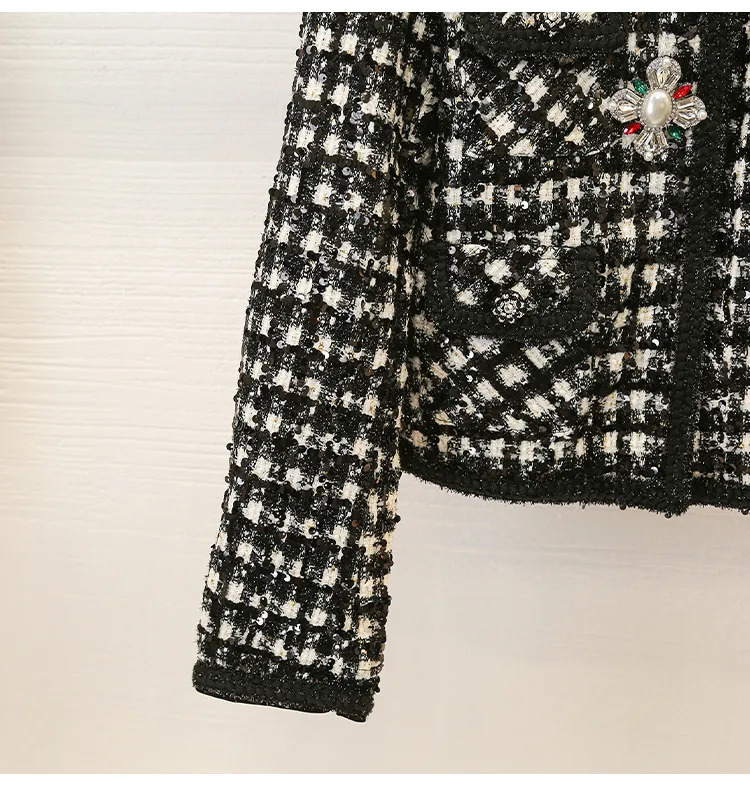 Women's Jackets Autumn Winter French Socialite Heavy Tweed Bright Silk Houndstooth Coat Women's Long-Sleeved Office Lady Jackets 231006