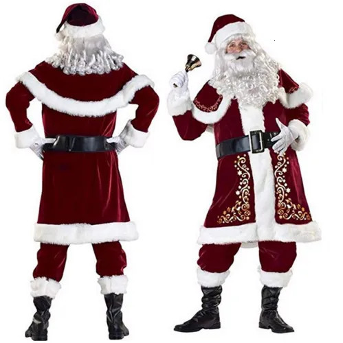 Christmas Decorations Deluxe Velvet Christmas Santa Claus Suit Adult Mens Costume gloves shawlhatTopsbeltFoot covergloves Cosplay High Quality 231006