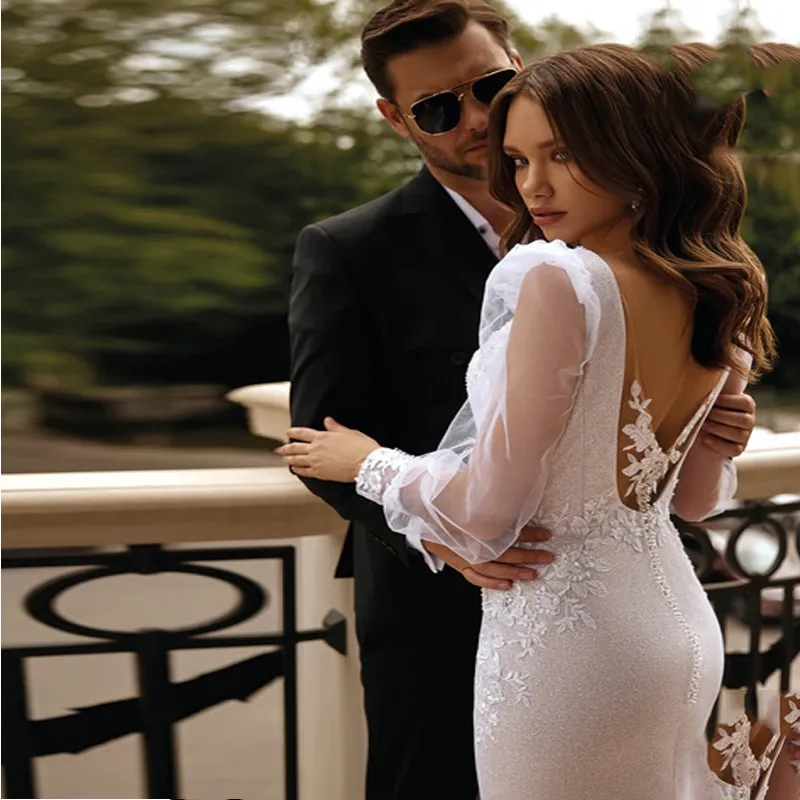 Modest Long Sleeve Ball Gown Wedding Dresses Bridal Gowns Sheer Jewel Neck Lace hrh