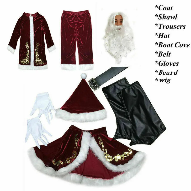 Christmas Decorations Deluxe Velvet Christmas Santa Claus Suit Adult Mens Costume gloves shawlhatTopsbeltFoot covergloves Cosplay High Quality 231006
