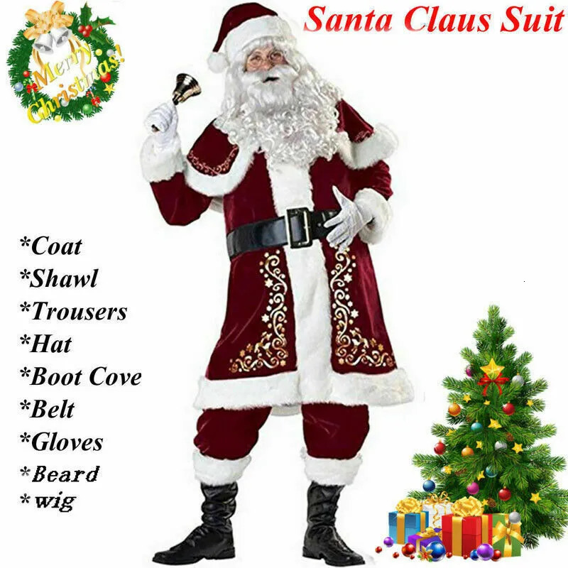 Christmas Decorations Deluxe Velvet Christmas Santa Claus Suit Adult Mens Costume gloves shawlhatTopsbeltFoot covergloves Cosplay High Quality 231006