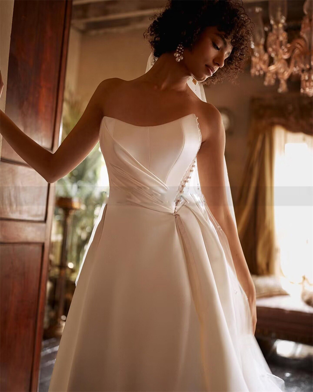 Satin Wedding Quality Dresses Strapless High Split Ruched Bridal Gown Puffy Skirt Ivory Church Robe De Mariage
