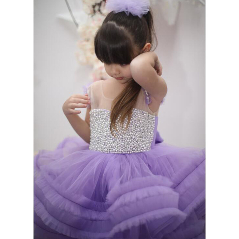 Pink Pearls Wer Dresses For Wedding New Jewel Neck Little Girl Pageant Long Train Ball Gown Appliqued Lace Kids Todder Formal Party Wear First Communi