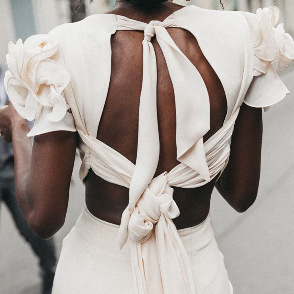 Deep Ruched V Neck Short Sleeves Bridal Dresses for Wedding Fit Flare Tiered Ruffled Self-Tie Wedding Gown