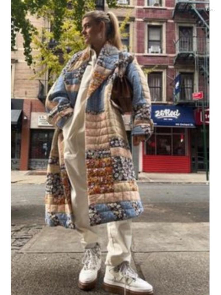 Womens Trench Coats Printed Floral Long Cotton Coat Women With Belt Thicken Warm Jacket Winter Fashion Female Sleeve Street Outwears