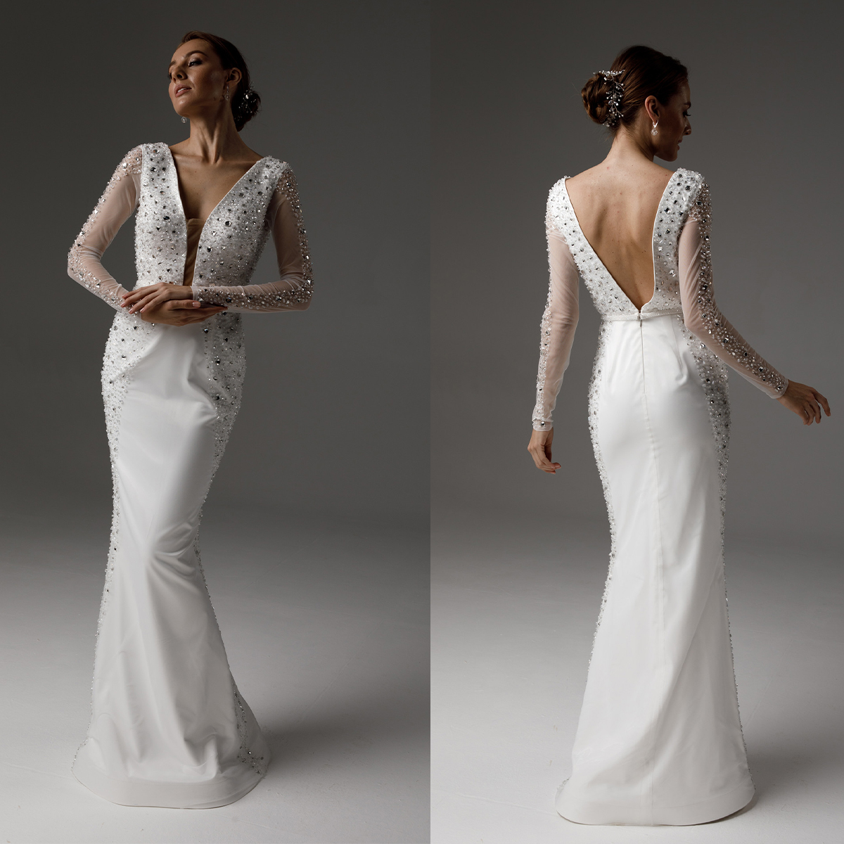 America Mermaid Wedding Dresses V Neck Crystal Beaded Long Sleeve Wedding Dress Sexy Backless Floor Length Bridal Gowns