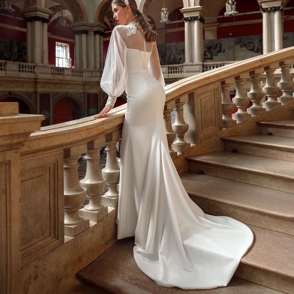 Gown Wedding Dresses Bridal Gowns Sheer Jewel Neck Lace Appliqued Sequins Plus Size Robe De Mariee Custom Made 01