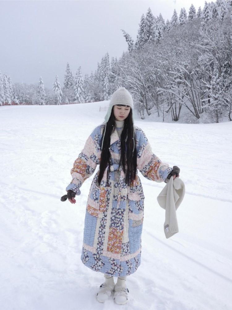 Womens Trench Coats Printed Floral Long Cotton Coat Women With Belt Thicken Warm Jacket Winter Fashion Female Sleeve Street Outwears