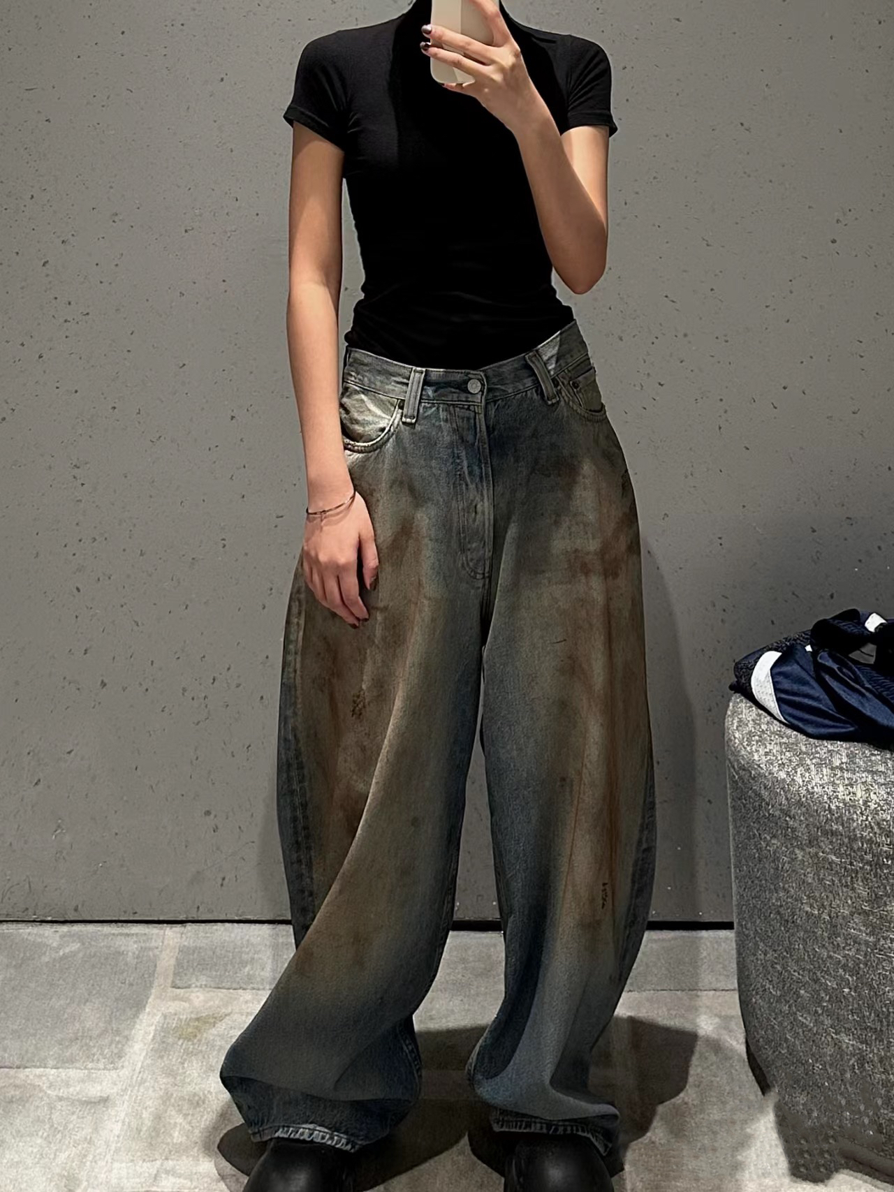 Original Black Jeans Men Niche style washed mud dyed loose fitting casual jeans wide leg pants
