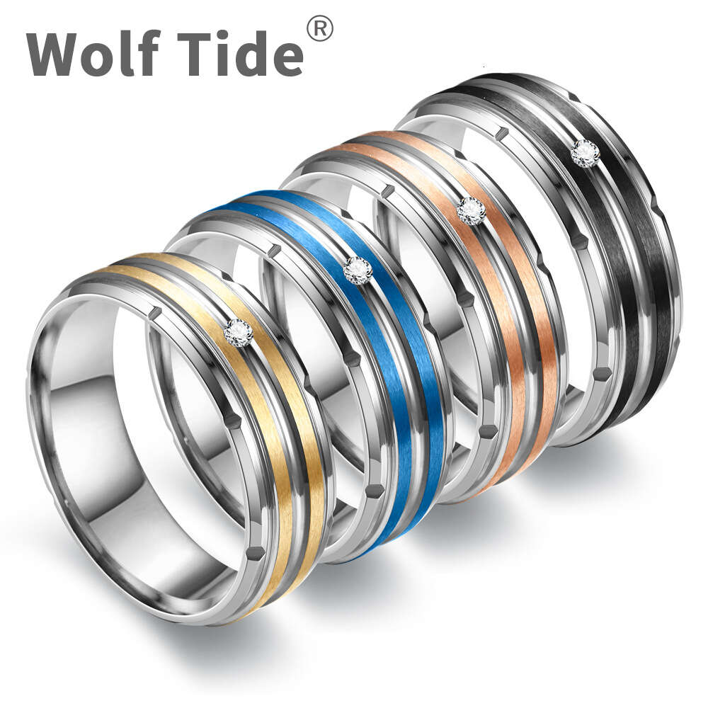 Wolf Tide Fashion Versatile Titanium Stainless Steel Men's Ring Wedding Couple Diamond Finger Rings Engagement Band Jewelry Accessories Trendy Bi