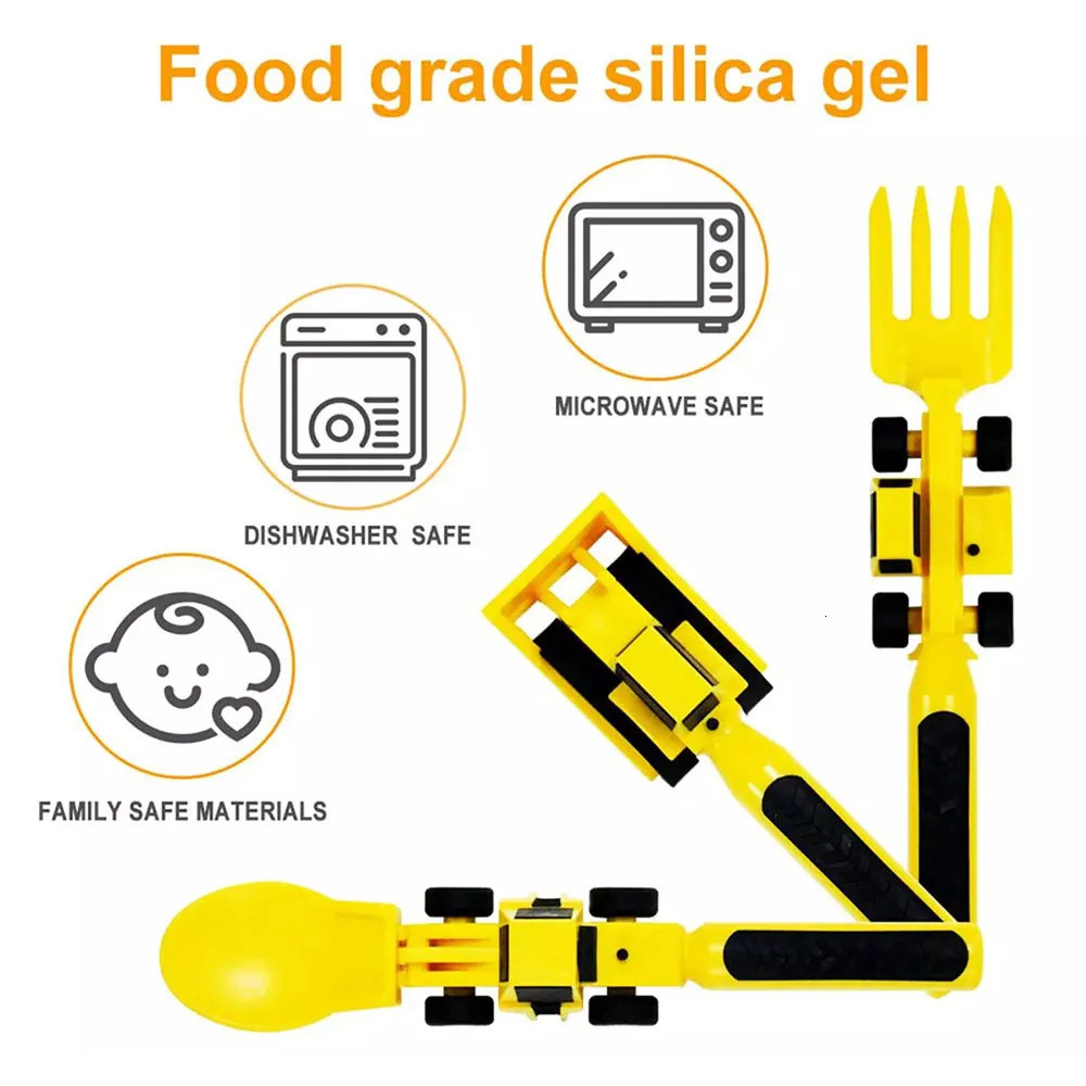 Cups Dishes Utensils 3Pcs Kids Tableware Set Children Cutlery Bulldozer Excavator Shovel Baby Spoon Dining Fork Food Utensils Constructive Eating 2310