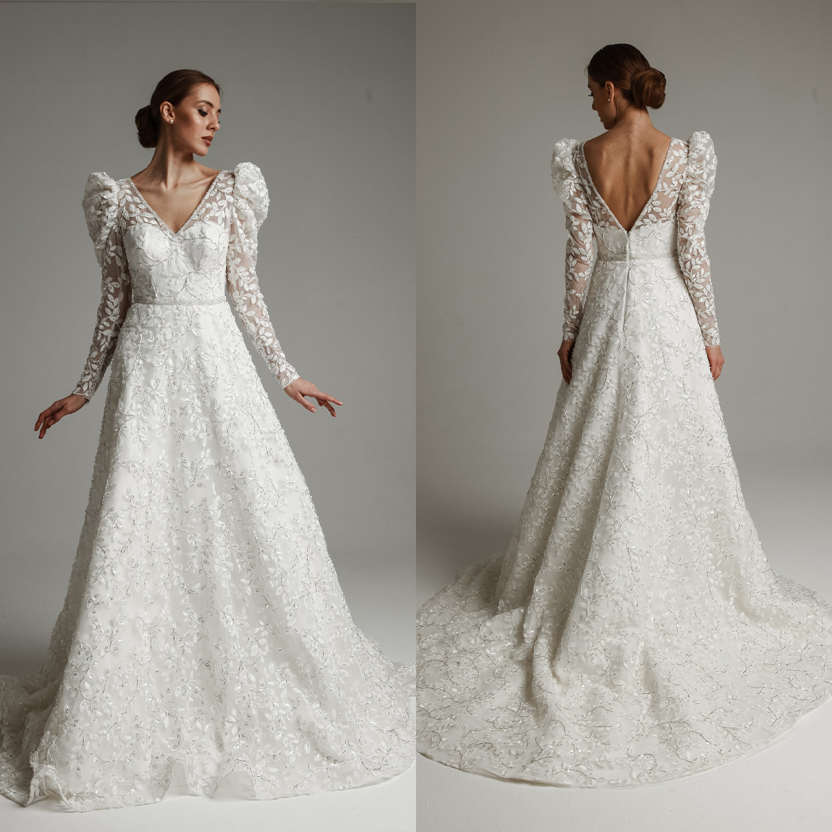Gorgeous Lace Appliques A Line Wedding Dress V Neck Puffy Long Sleeve Illusion Back Vestido De Novia Bridal Gowns