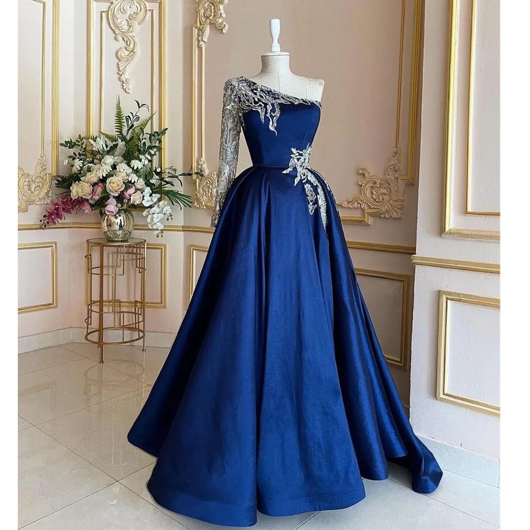 Sequins African Yellow Beads Evening Dresses Mermaid One Shoulder Long Sleeves Women Formal Prom Gowns Vestidos1142