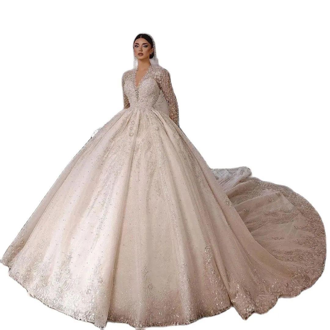 Elegant V Neck Wedding Dresses Ball Gown Luxurious Beading Lace Full Sleeve Dresses vestidos de novia Custom Made