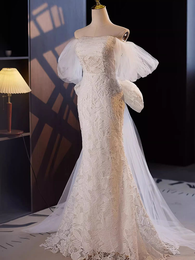 Sexy Mermaid Wedding Dresses Lace Bridal Gowns Strapless Lace-up Back Big Bow