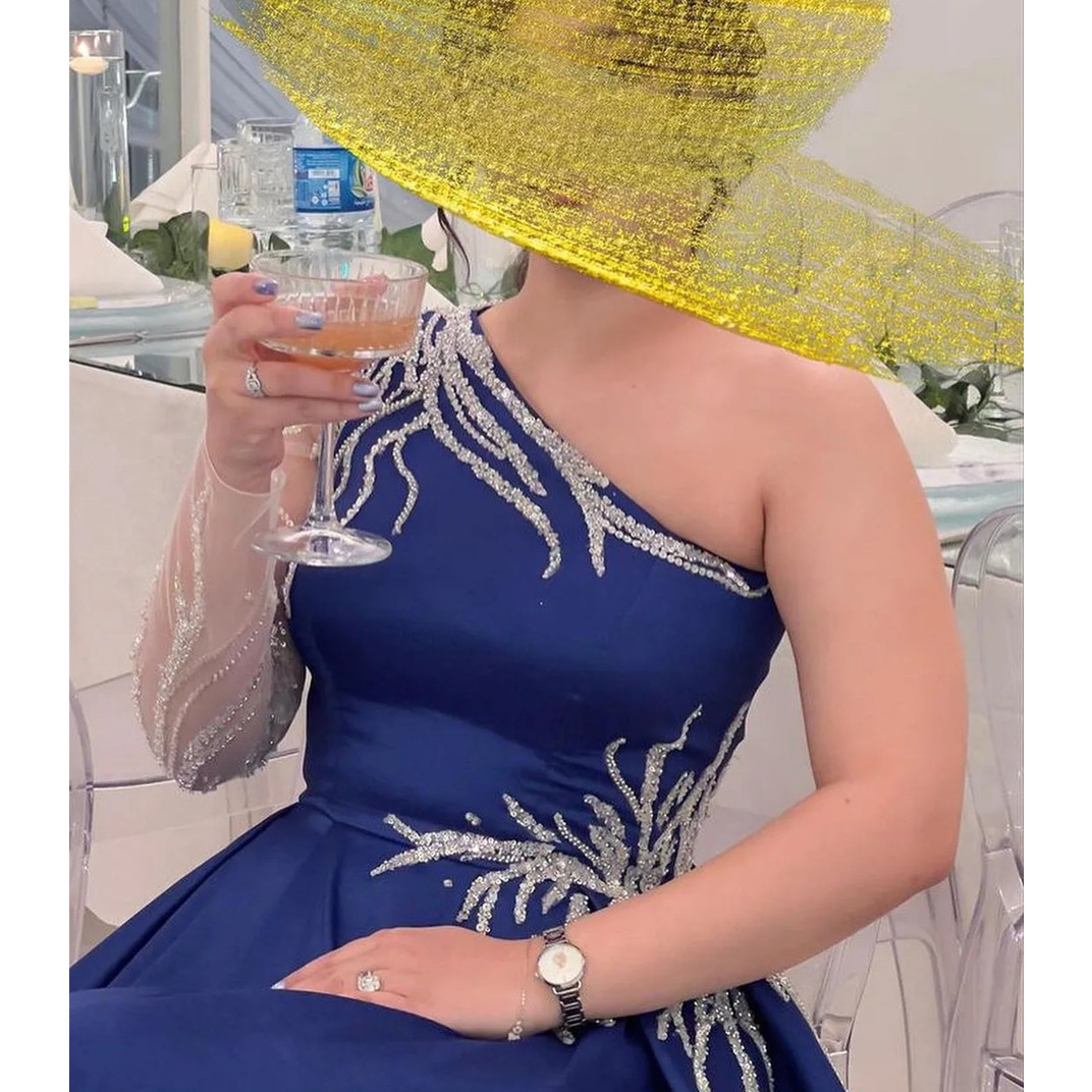 Sequins African Yellow Beads Evening Dresses Mermaid One Shoulder Long Sleeves Women Formal Prom Gowns Vestidos1142