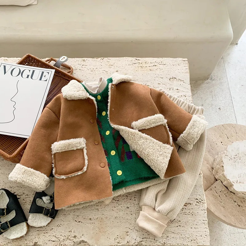 Jackets Baby Girls Boy Jacket Thicken Warm Suede Lamb Wool Kids Coat Autumn Winter Toddler Kids Outerwear Clothing 231007