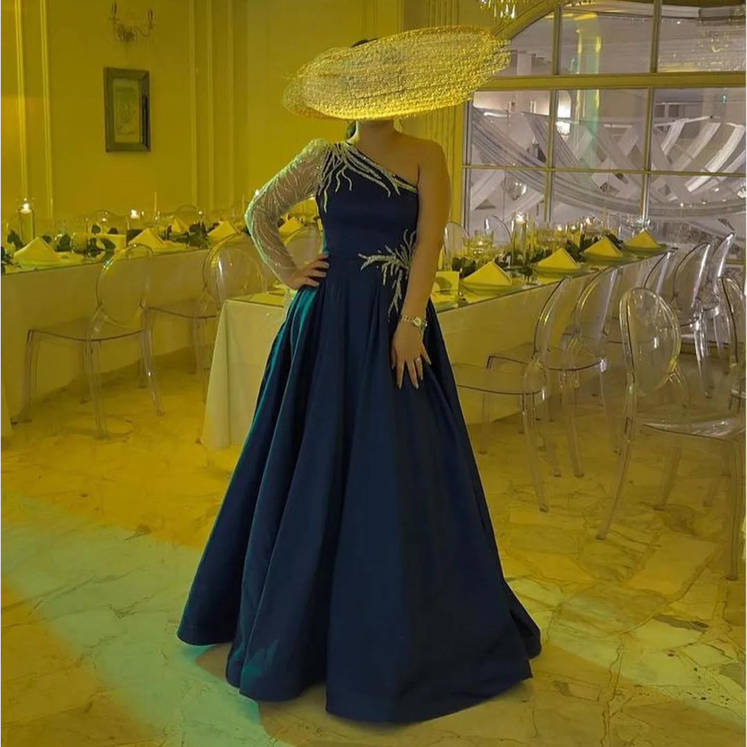 Sequins African Yellow Beads Evening Dresses Mermaid One Shoulder Long Sleeves Women Formal Prom Gowns Vestidos1142