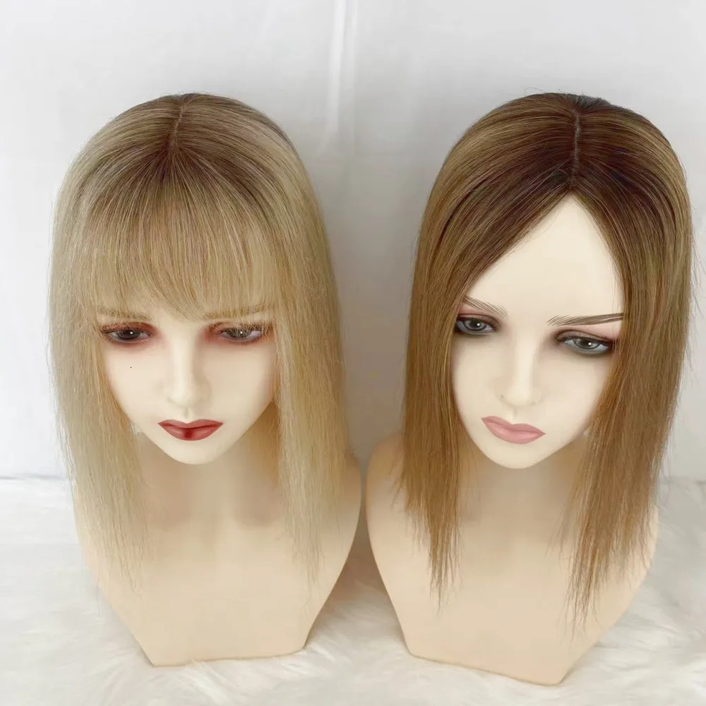 Bangs Brown Blonde Ombre Remy Human Hair Women Topper With Fringe #460 Two Tone Fine Hair Pieces Overlay Air Bangs 14inch 4X5.5inch 231006