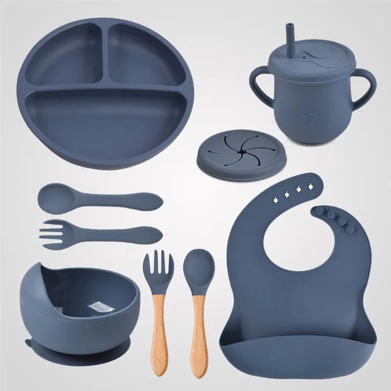 Cups Dishes Utensils 5/9Pcs Silicone Baby Feeding Tableware Set Suction Bowl Divided Plate Spoon Fork Bibs Cup Non-slip Children Dinner Dishes 231006
