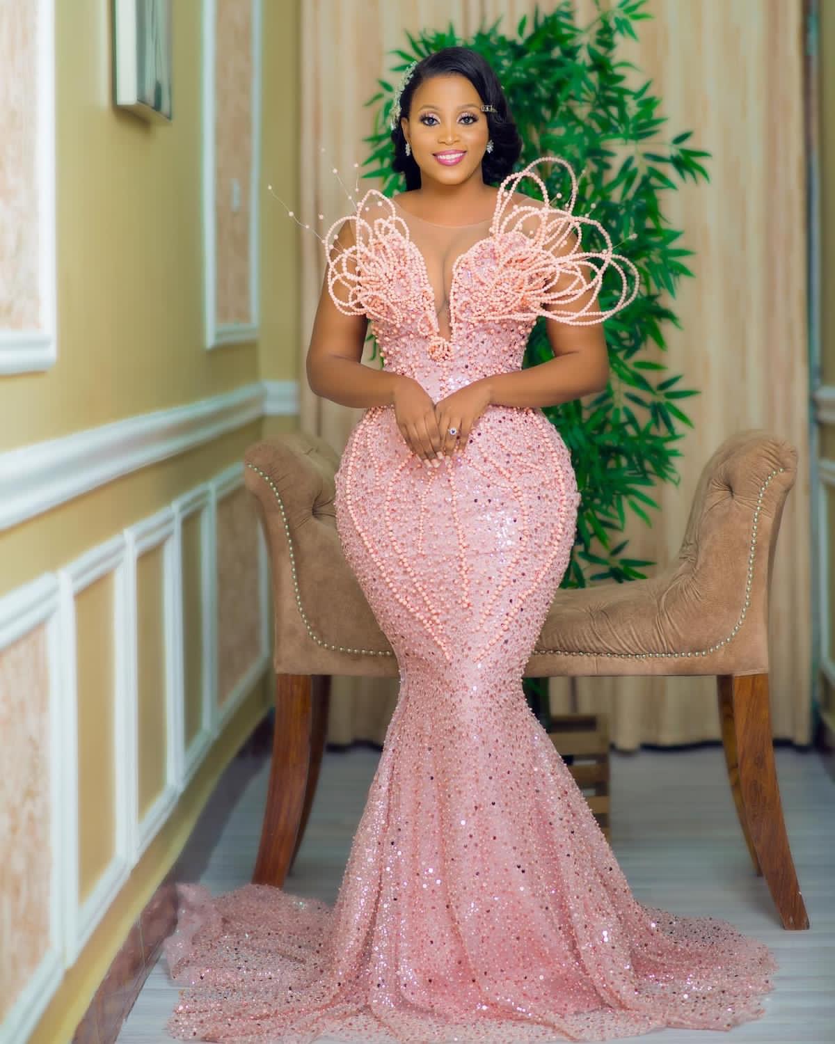 2023 Oct Aso Ebi Arabic Mermaid Pink Prom Dress Pearls Sequined Lace Evening Formal Party Second Reception Birthday Engagement Gowns Dresses Robe De S
