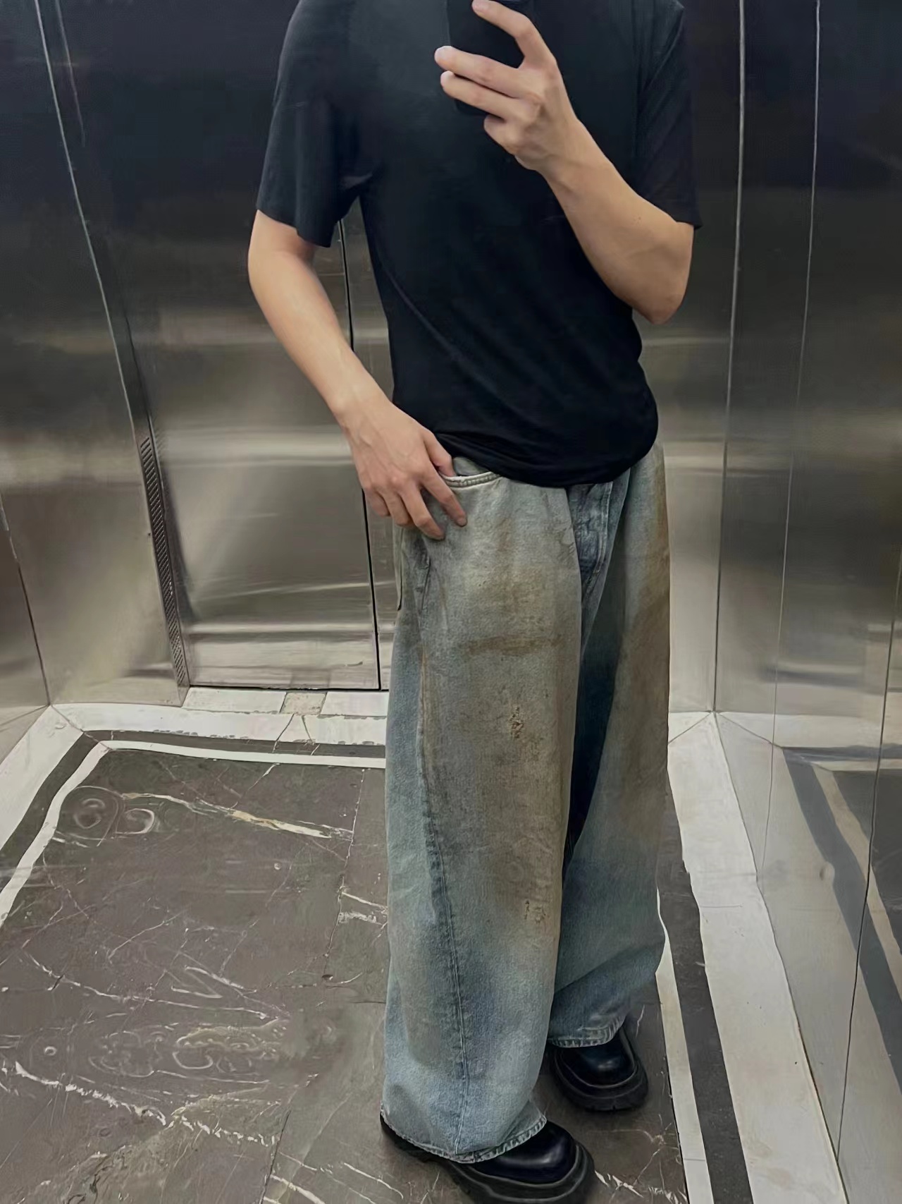 Original Black Jeans Men Niche style washed mud dyed loose fitting casual jeans wide leg pants