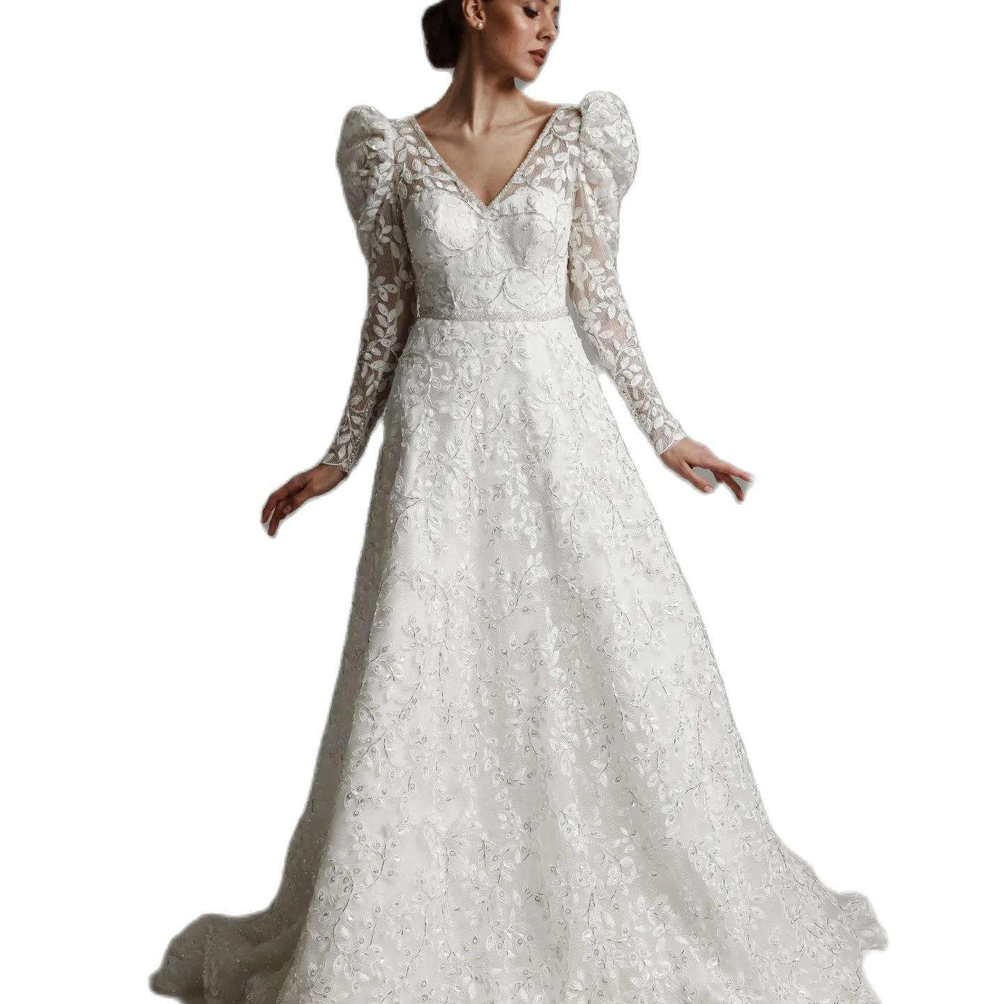 Gorgeous Lace Appliques A Line Wedding Dress V Neck Puffy Long Sleeve Illusion Back Vestido De Novia Bridal Gowns