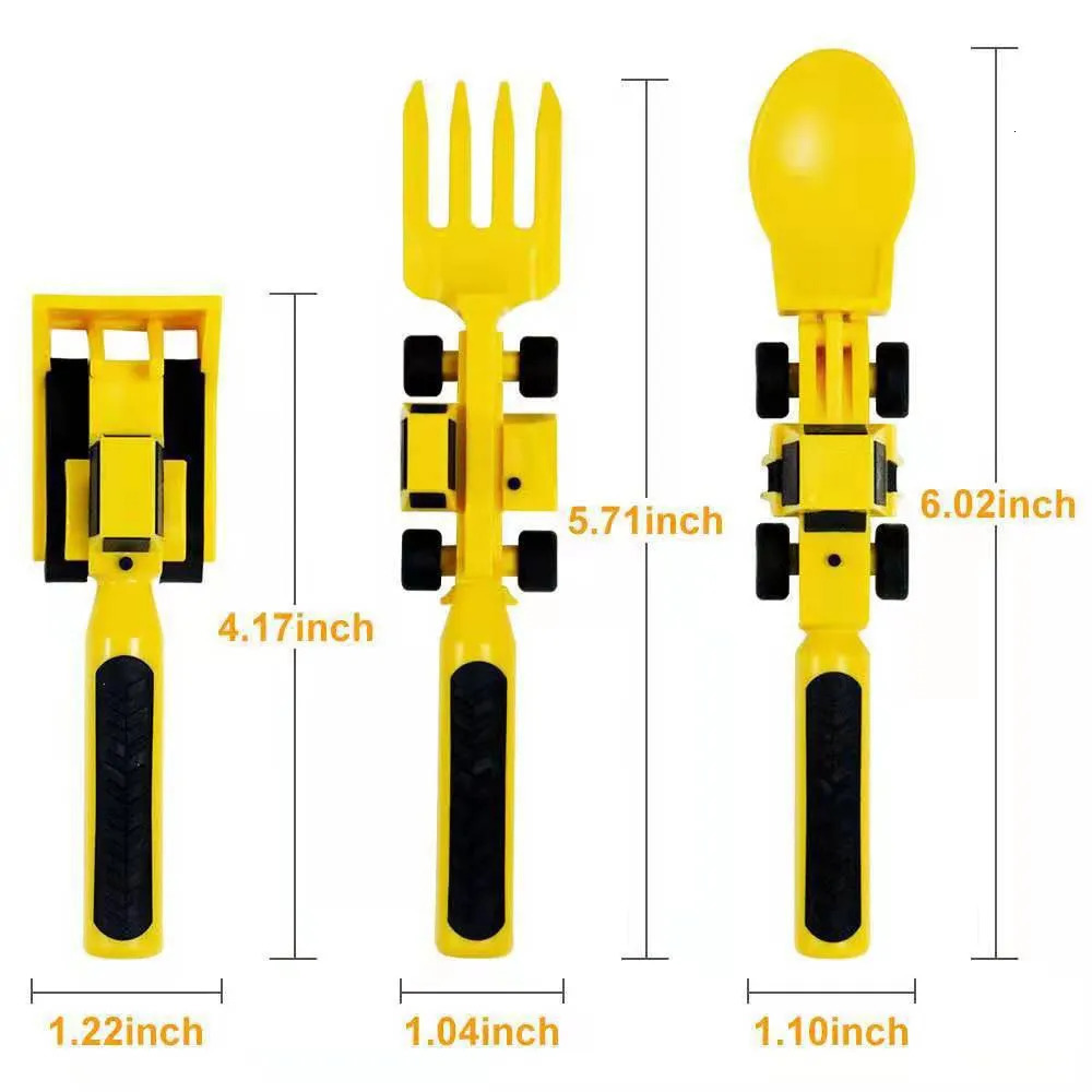 Cups Dishes Utensils 3Pcs Kids Tableware Set Children Cutlery Bulldozer Excavator Shovel Baby Spoon Dining Fork Food Utensils Constructive Eating 2310
