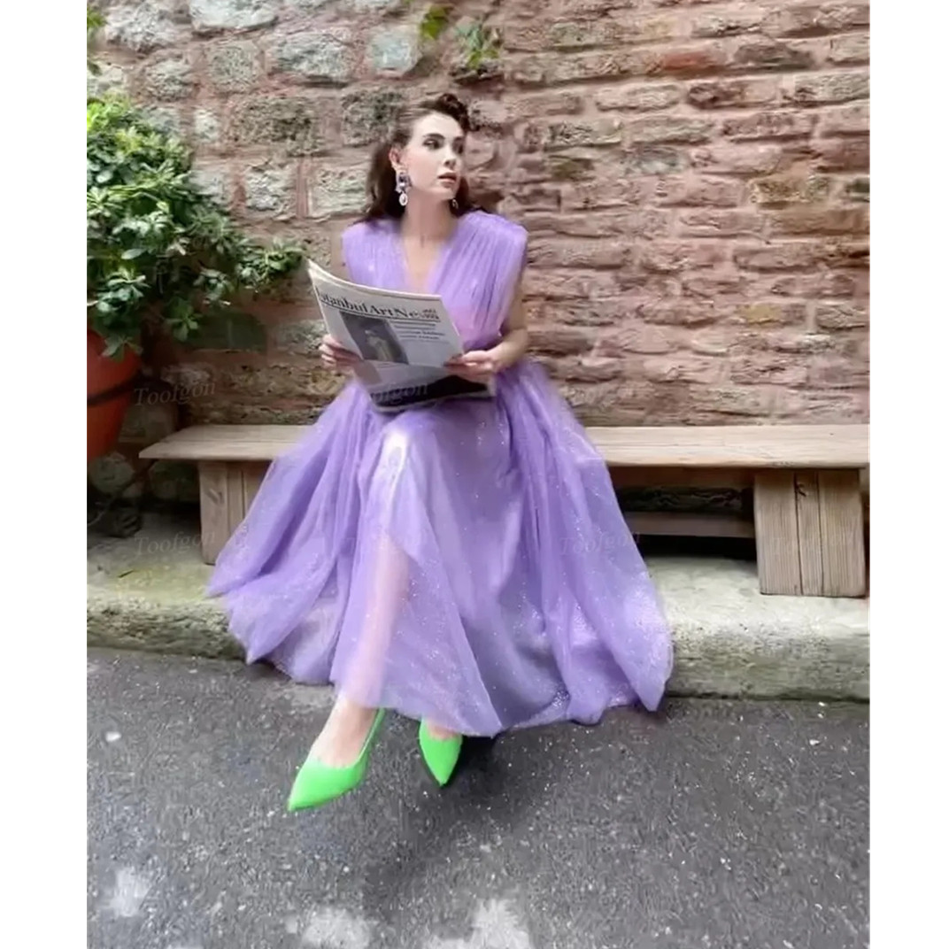 Tulle Princess Purple V Neck Prom Dresses 3D Floral Applique Zipper Back Long Formal Party Evening Gowns Custom111231