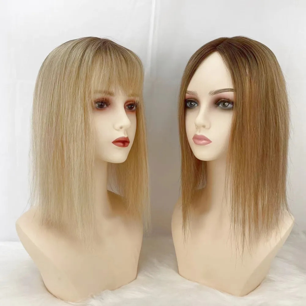Bangs Brown Blonde Ombre Remy Human Hair Women Topper With Fringe #460 Two Tone Fine Hair Pieces Overlay Air Bangs 14inch 4X5.5inch 231006