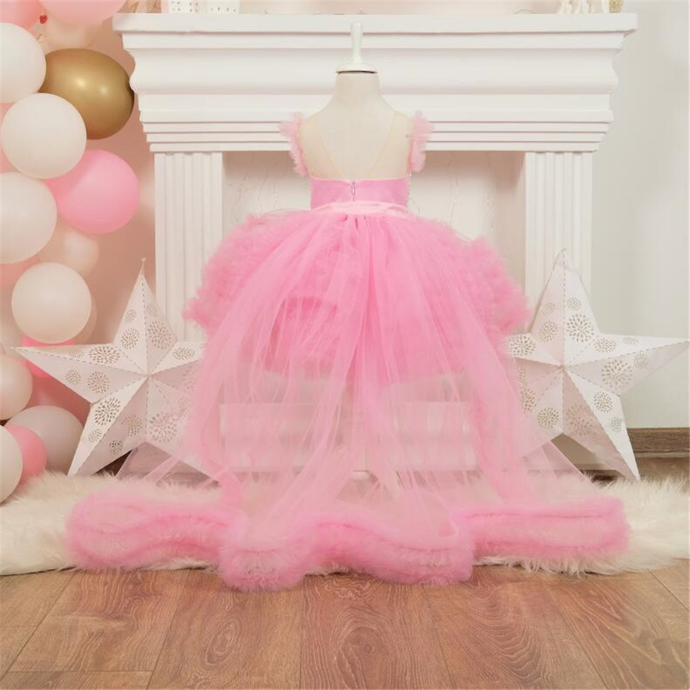 Pink Pearls Wer Dresses For Wedding New Jewel Neck Little Girl Pageant Long Train Ball Gown Appliqued Lace Kids Todder Formal Party Wear First Communi