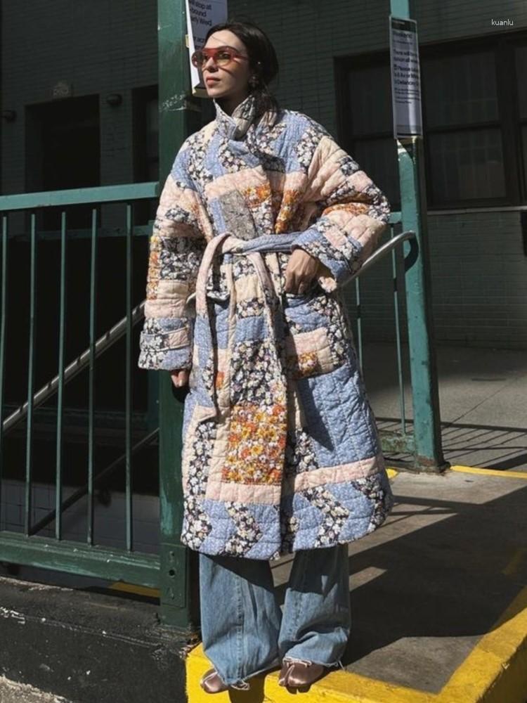 Womens Trench Coats Printed Floral Long Cotton Coat Women With Belt Thicken Warm Jacket Winter Fashion Female Sleeve Street Outwears
